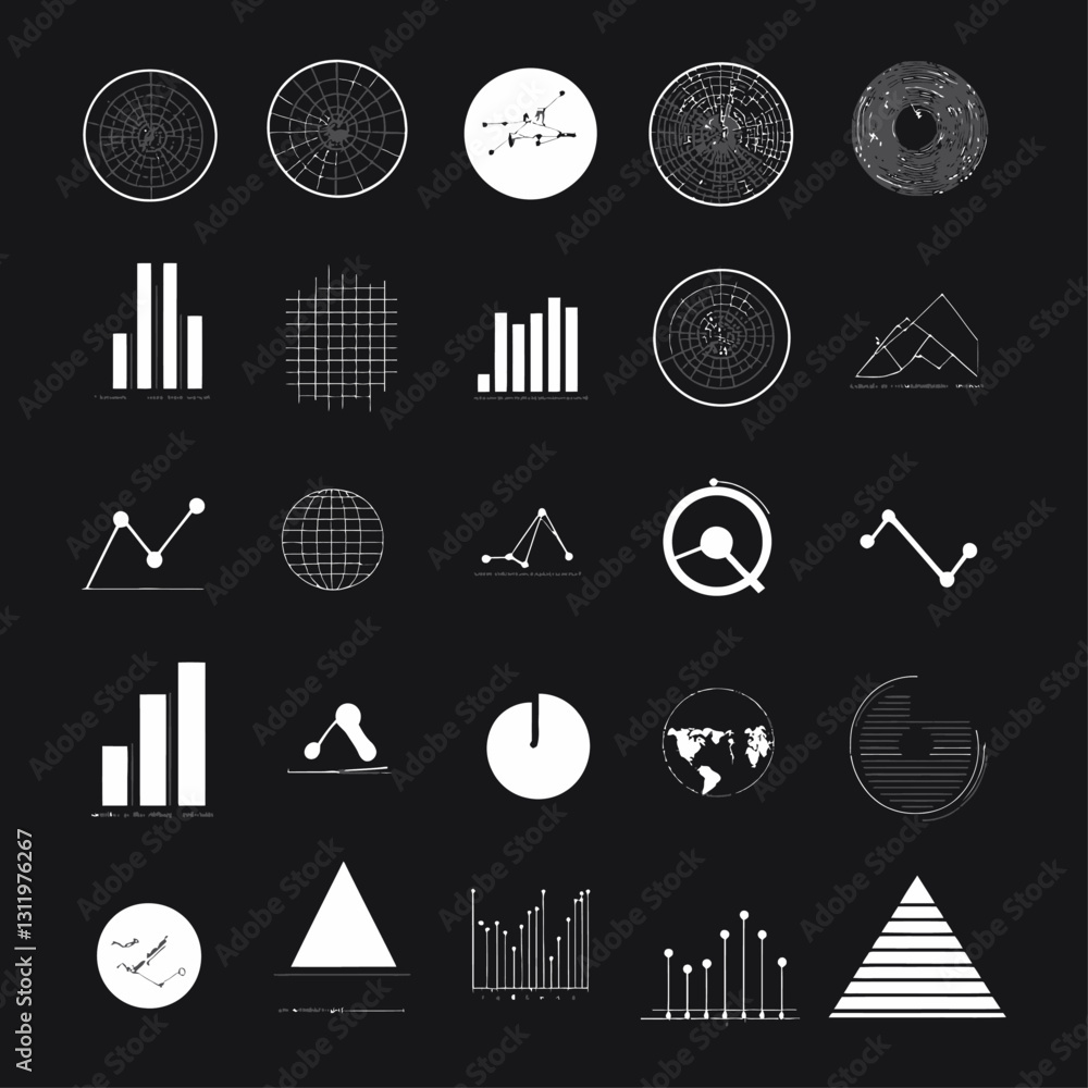 Poster data visualization design with charts and graphs on dark background
