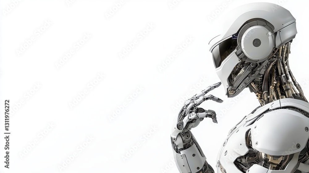 Poster a sleek, futuristic robot with a thoughtful pose, showcasing advanced technology and design in a min