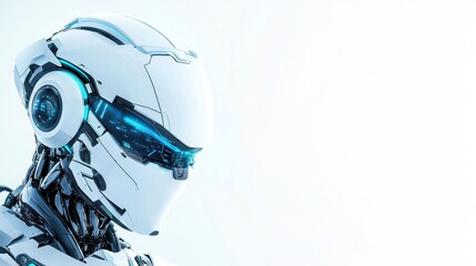 A futuristic white robot head with glowing blue accents against a minimalist background, showcasing advanced technology and design.