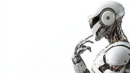 A sleek, futuristic robot with a thoughtful pose, showcasing advanced technology and design in a minimalist setting.