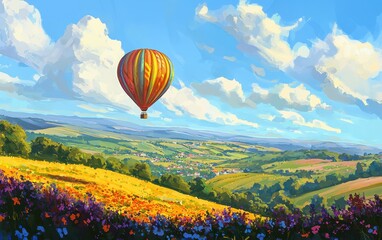 Obraz premium A hot air balloon soaring over a summer landscape with rolling hills, fields of flowers, and a bright blue sky