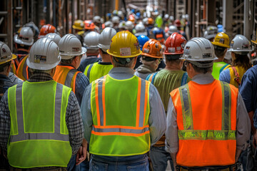 Construction workers in safety gear walking on site