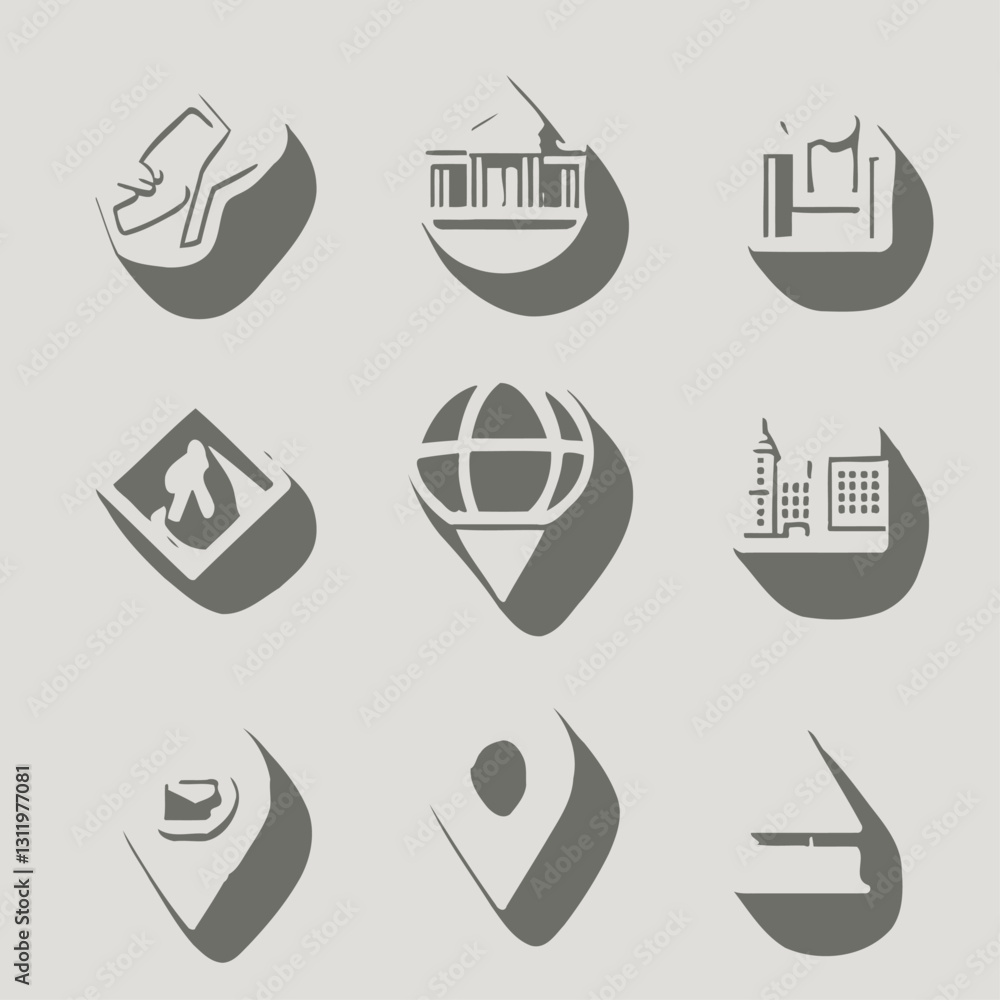 Poster travel and navigation vector icon set representing direction and services