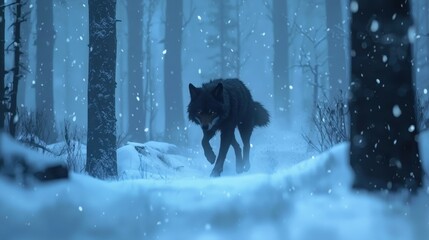 Naklejka premium A lone wolf running through a snow-covered forest at dawn, with snowflakes falling around it