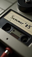 Obraz premium A close-up of an old cassette tape player featuring a handwritten mixtape label that reads summer '85 capturing nostalgia and retro vibes