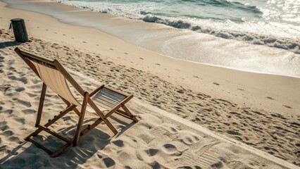 Eco-Friendly Beach Chair Silhouette Photography - Top-Down Angle, Flat Lay Wooden Texture, Rule of Thirds, Sustainable Design, Ideal for Copy Space, Relaxation, Summer Vibes