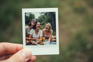 A close-up of a polaroid photo shows three young women laughing together, enjoying food and drinks in a park, capturing a joyful moment of friendship