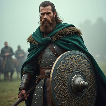 A historical depiction of an ancient Celtic warrior, wearing traditional Irish armor and a green tartan cloak, stands strong amidst a foggy landscape with fellow warriors in the background