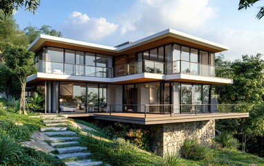 Fototapeta premium A luxurious modern home with expansive decks, large glass doors, and a lush green garden, situated on a hilltop with sweeping views of the valley