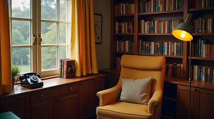 Fototapeta premium A cozy 1960s reading nook features a yellow armchair beside a wooden bookshelf filled with classic novels and a rotary phone on a small table by a sunny window