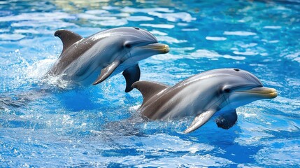 Naklejka premium A pair of dolphins swimming in synchrony, with their bodies arching gracefully out of the water
