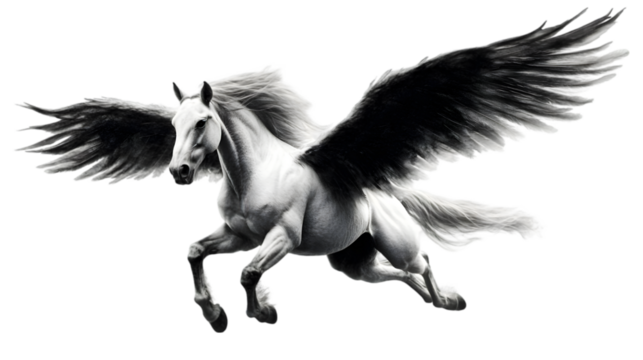 White Winged Horse Soars Isolated on White Background