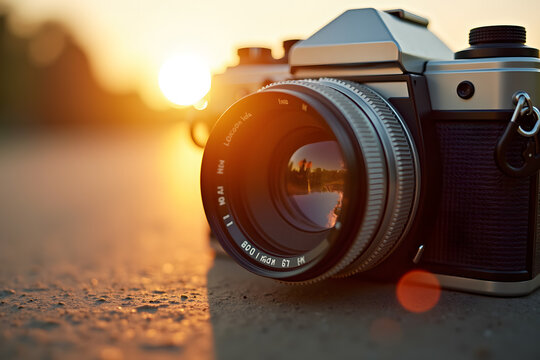 A detailed close-up of a vintage camera capturing a portrait in soft golden sunlight highlighting the intricate dials and lens reflections