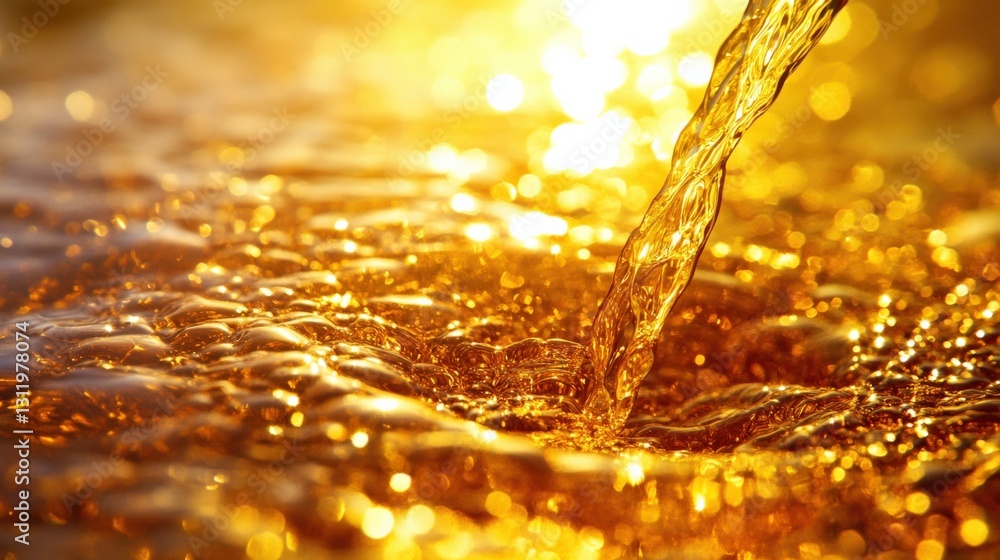 Poster sparkling golden water flowing in sunlight, creating mesmerizing patterns and reflections