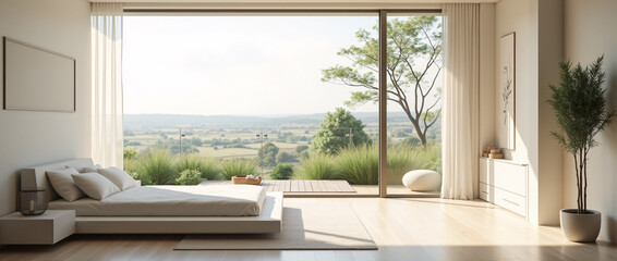 Fototapeta premium Serene White Minimalist Bedroom with Natural Light and Pastoral View 