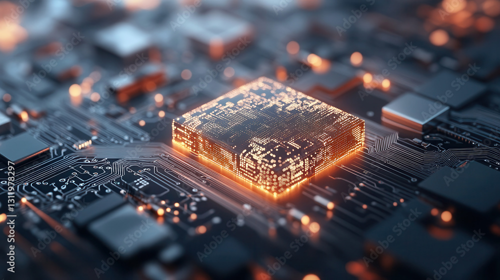 Poster glowing microchip on circuit board, representing advanced technology and innovation