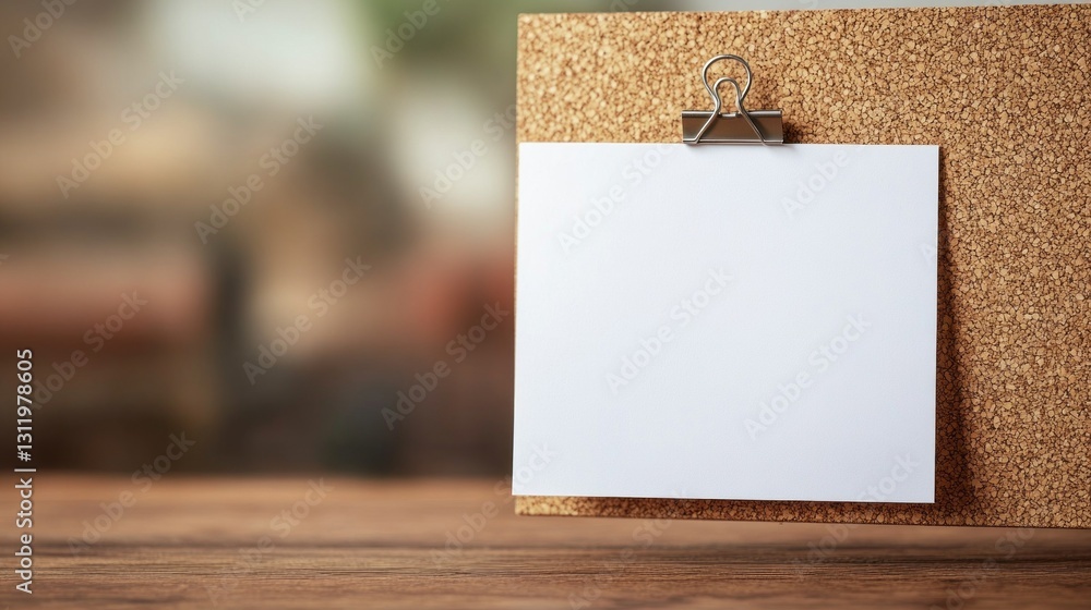 Poster A blank sheet of paper is clipped on a corkboard, inviting creativity and ideas in a warm, inviting workspace filled with natural light. Perfect for brainstorming and note-taking