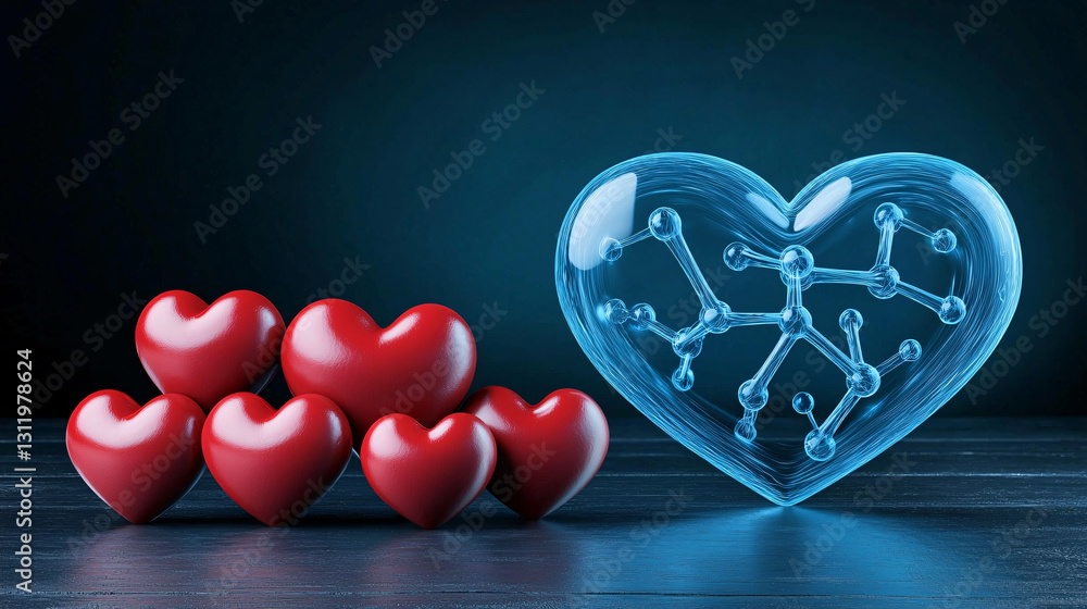 Poster heart disease stroke prevention. heart shapes with a molecular structure design in a dark setting.