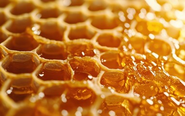 A macro shot of a honeycomb, showing the hexagonal patterns and the smooth, shiny texture of the wax cells with golden hues