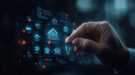 Fototapeta premium Businessman interacting with futuristic real estate management interface, showcasing digital icons and technology