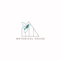 ILLUSTRATION BOTANICAL HOUSE, LEAF NATURE. ECO ELEMENT LOGO ICON BROWN COLOR DESIGN VECTOR FOR YOUR BRAND, BUSINESS