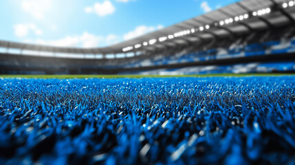 Obraz premium Modern stadium with blue and white coloring, green grass and a large tribune, sports arena for football or soccer events