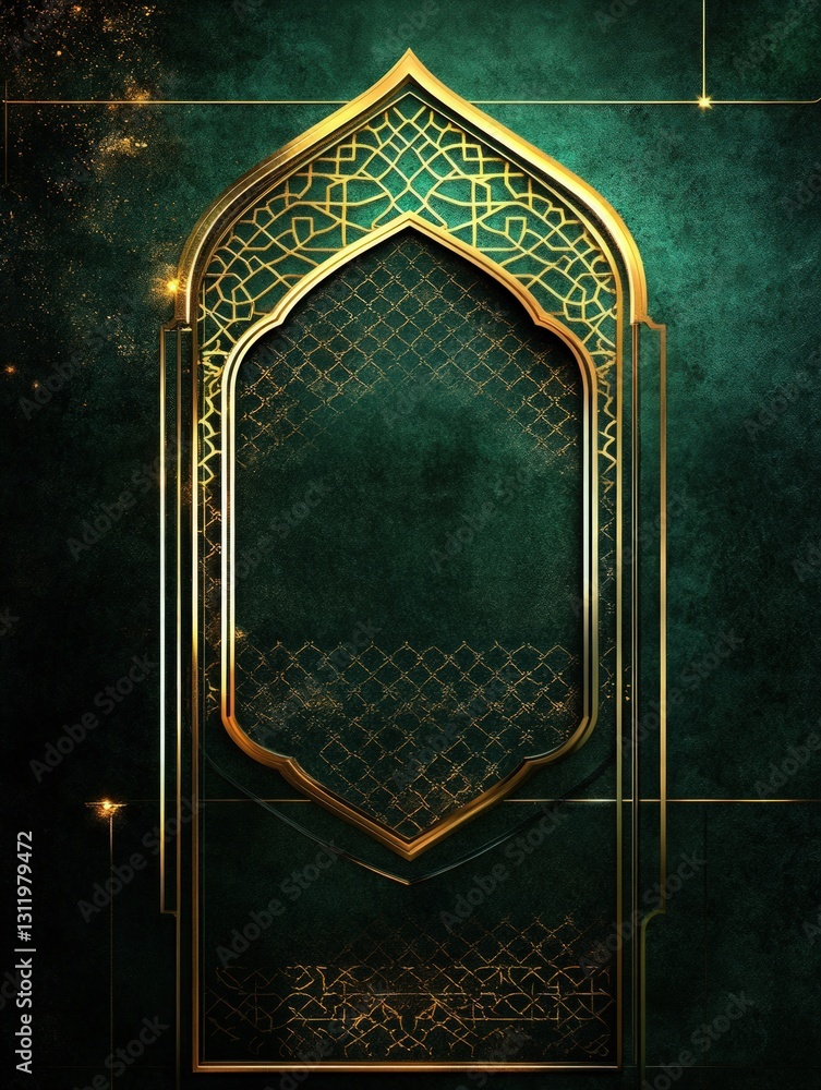 Poster abstract golden arch design on textured teal background with geometric patterns and sparkles