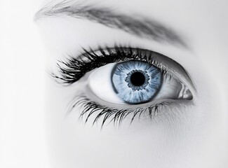 Fototapeta premium Intense gaze: A striking close-up of a captivating blue eye, set against a light backdrop, conveying a sense of mystery and depth. Emphasizing the beauty of the eye's intricate details.