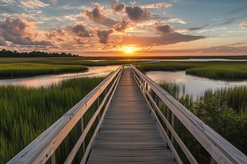 Obraz premium Pathway to Paradise: A wooden pathway stretches invitingly towards a breathtaking sunset over serene wetlands, evoking feelings of peace, escape, and natural beauty.
