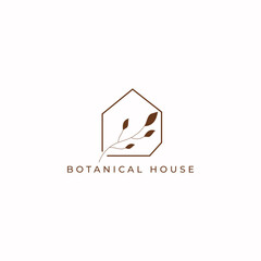 ILLUSTRATION BOTANICAL HOUSE, LEAF NATURE. ECO ELEMENT LOGO ICON BROWN COLOR DESIGN VECTOR FOR YOUR BRAND, BUSINESS