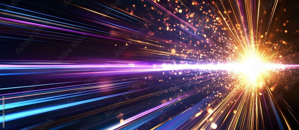 Poster bright explosion with colorful light rays and particles bursting from center point against dark back
