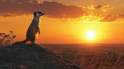 A meerkat standing alert on a hilltop, scanning the horizon for danger while the sun sets behind it
