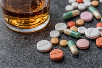 Impact of alcohol and prescription medications on health home setting health awareness close-up substance abuse