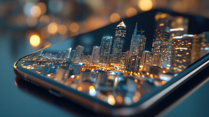 close up of smartphone screen displaying city skyline at night, showcasing vibrant lights and reflections
