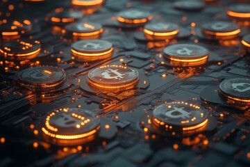 Illuminated coins resembling digital currency rest on a dark circuit board, showcasing vibrant orange lighting in a high-tech environment Generative AI