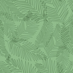 Palm leaves seamless pattern, on green background, vector in natural color. Design for fabric, print, cover, banner, decoration, wallpaper. Outline minimalistic style, linear. 