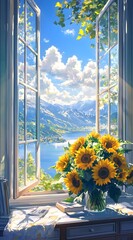Open window with sunflowers and a scenic mountain view