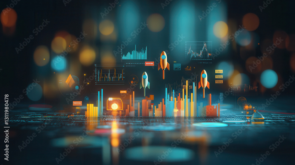 Poster innovative corporate environment showcasing interactive data visualization with rockets and graphs, 