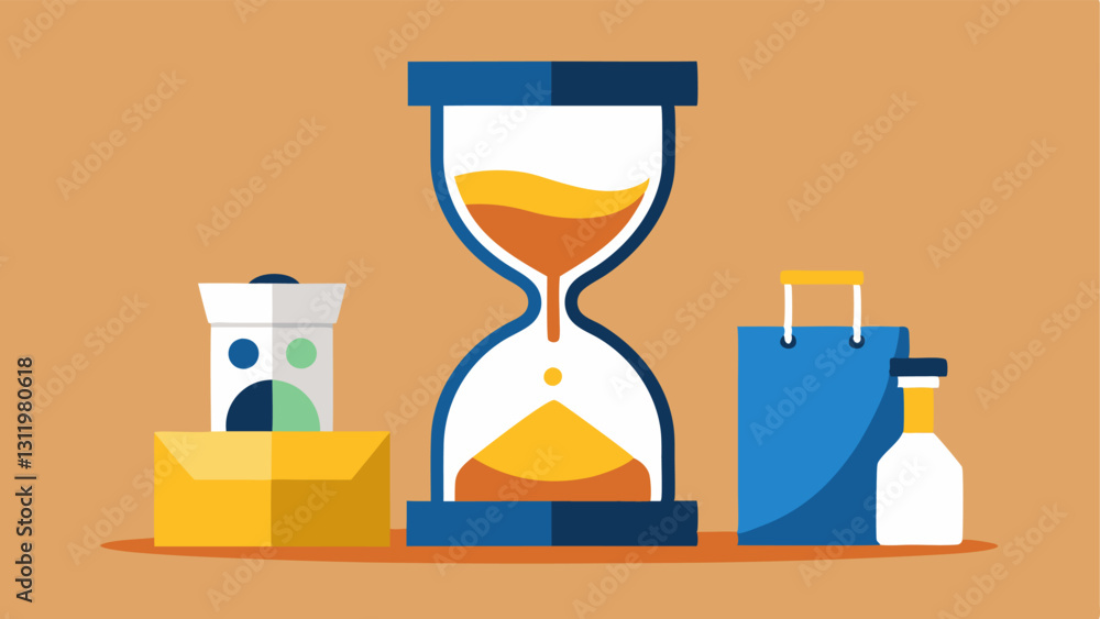 Poster time instead of things an hourglass with the sand symbolizing time flowing with shopping bags fading