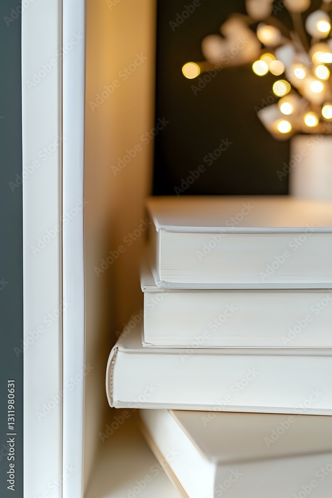 Aufkleber stack of white hardcover books on windowsill with soft bokeh lights in background creating cozy read