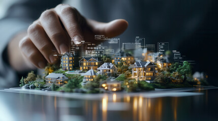 Obraz premium corporate investor interacting with digital city model, showcasing futuristic technology and urban planning