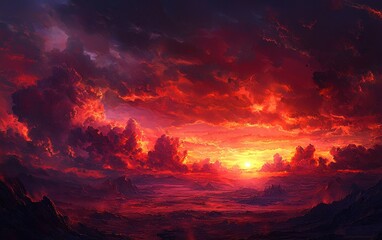 A fiery sunset over a barren landscape, with dramatic clouds and deep red, orange, and purple tones filling the sky