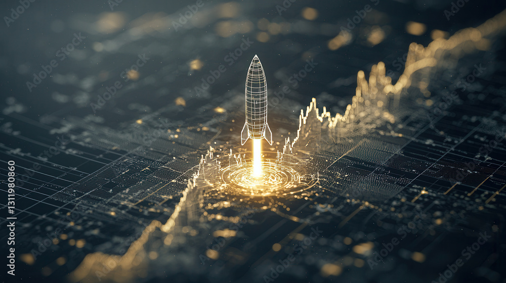 Aufkleber digital rocket launch illustration with glowing data visualization elements, symbolizing innovation 