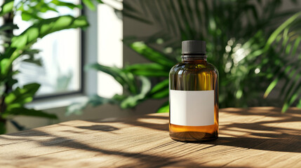 mber Glass Bottle Mockup with Blank Label on a Wooden Surface &ndash; Natural Light
