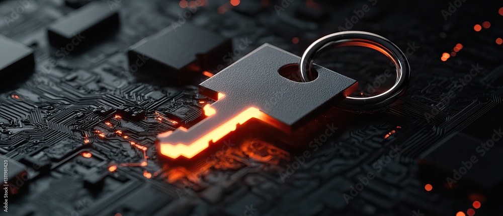 Poster a glowing key symbolizing security is set against a dark, circuit-like background, emphasizing techn
