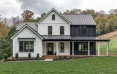 A modern farmhouse with a black-and-white exterior, nestled in a quiet countryside location with rolling pastures and a peaceful garden