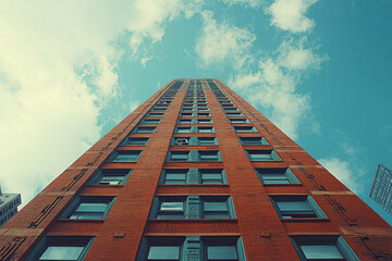 The towering brick structure features numerous windows reflecting the clear blue sky and fluffy white clouds, highlighting its impressive height and architecture Generative AI