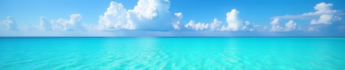 Fototapeta premium Crystal clear turquoise waters under blue sky with white fluffy clouds, turquoise, ocean