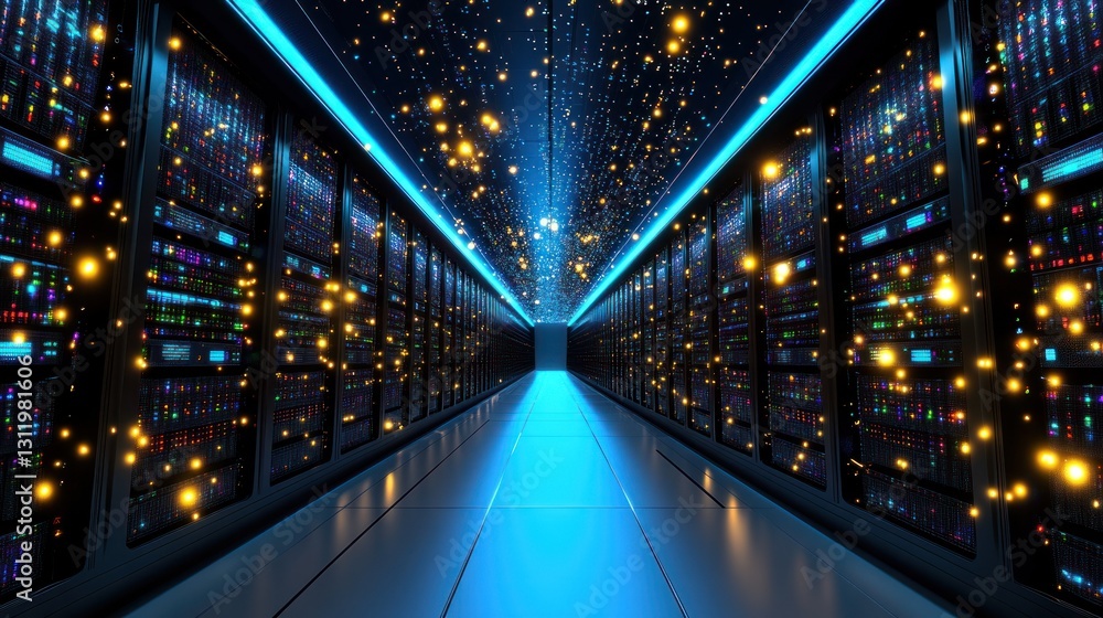 Poster futuristic server room: data center corridor with illuminated servers and network traffic