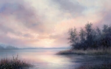 Fototapeta premium A gentle cloud cover with soft, pastel hues during an early morning sunrise, evoking peace and tranquility